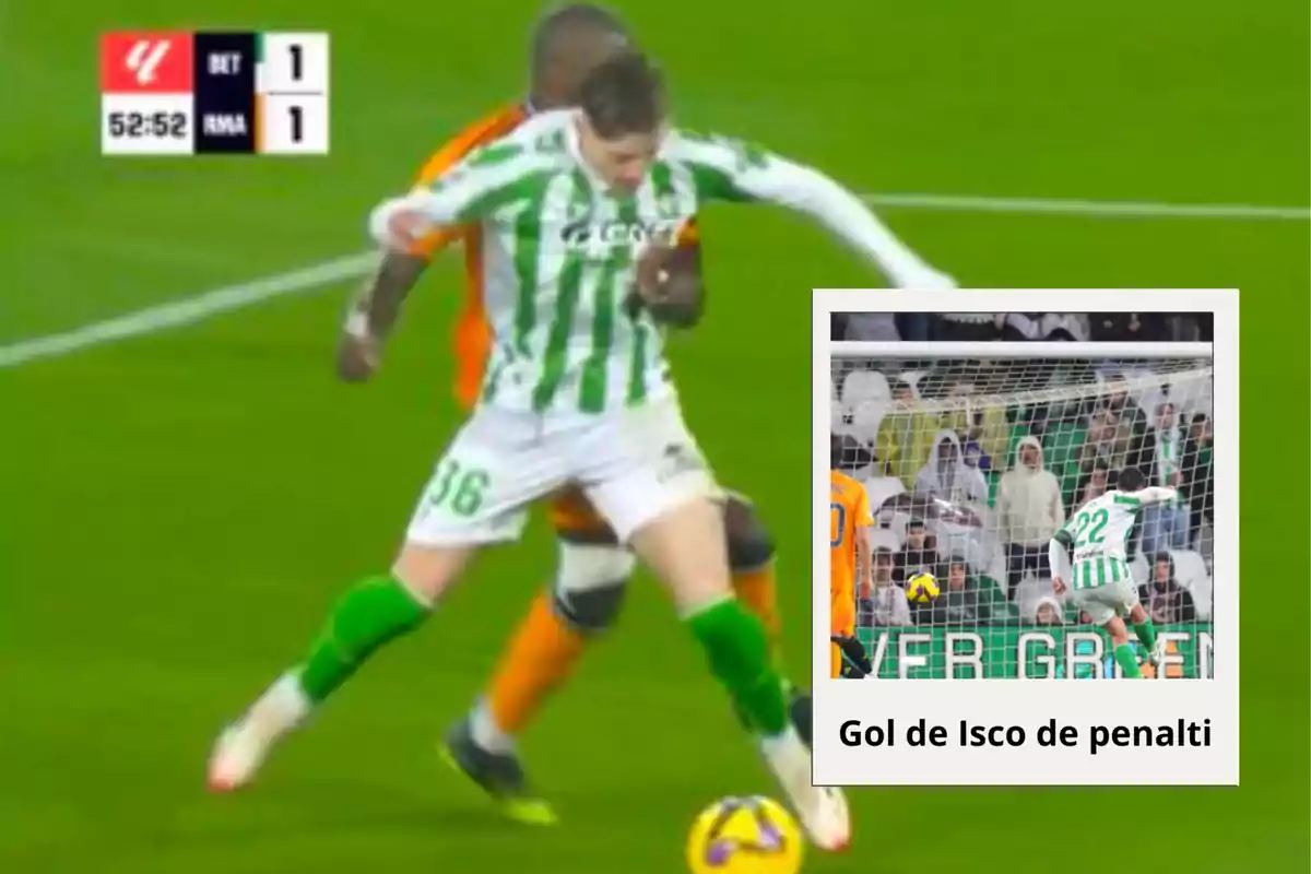 A player in a green and white uniform is held by an opponent in an orange uniform during a soccer match, with a scoreboard showing 1-1 and a box highlighting a penalty goal.