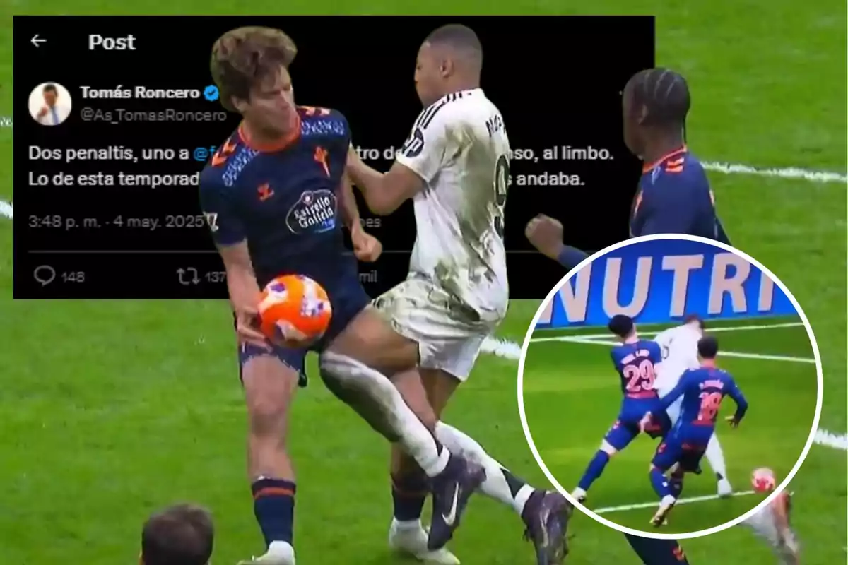 A player in a blue and orange uniform holds the ball while another player in a white uniform faces him; in the background, there's a tweet about penalties, and in the bottom right corner, there's a box with another scene from the match.