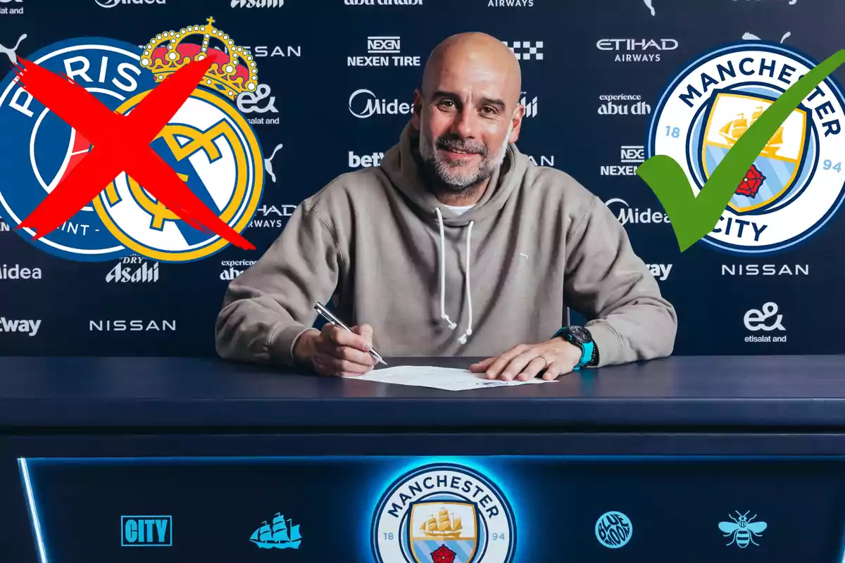 Smiling man signing a contract at a table with the Manchester City logo in the background, accompanied by a large green check mark over the club’s crest and a big red X over the PSG and Real Madrid crests.