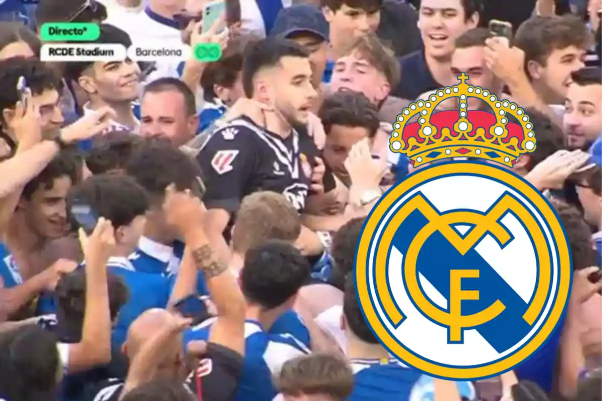 Un grupo de personas celebra en un estadio de fútbol con un gran escudo del Real Madrid superpuesto en la imagen.