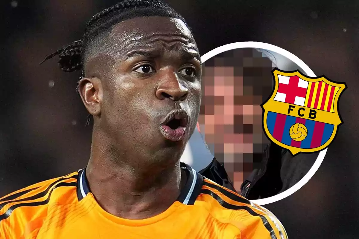 Soccer player with a surprised expression in the foreground, in the background there is a pixelated face and the FC Barcelona crest.