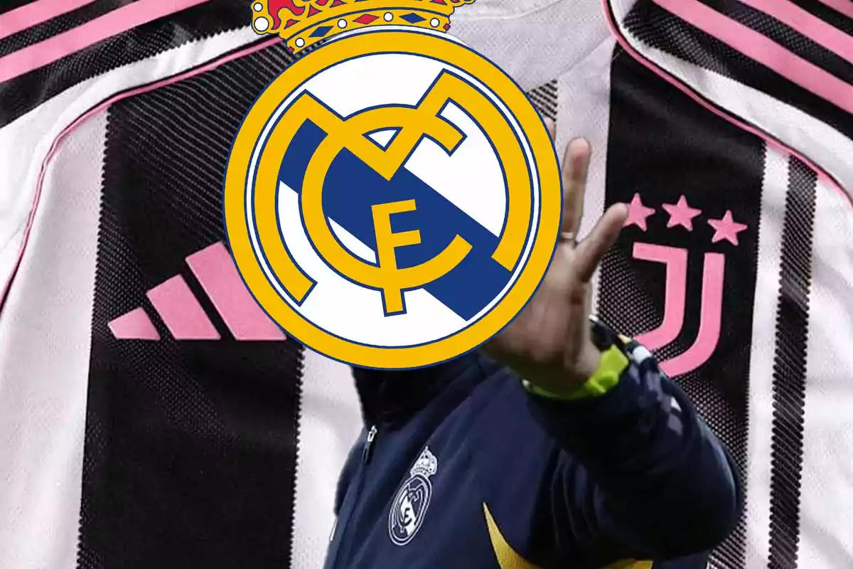 A person with a sports jacket and a logo overlaid on their face, against a background of a black and white striped jersey with pink details.