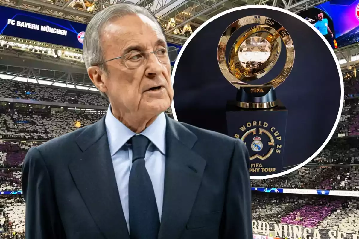 A man in a suit and tie is in a soccer stadium, with a FIFA Club World Cup trophy in a frame in the background.
