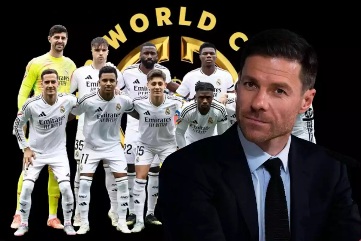 A Real Madrid soccer team posing in their white uniforms and a man in a suit in the foreground against a black background with the text World Cup.