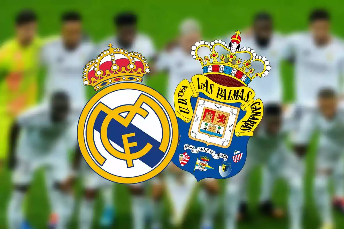 Real Madrid and UD Las Palmas soccer team crests on a blurred background of players.