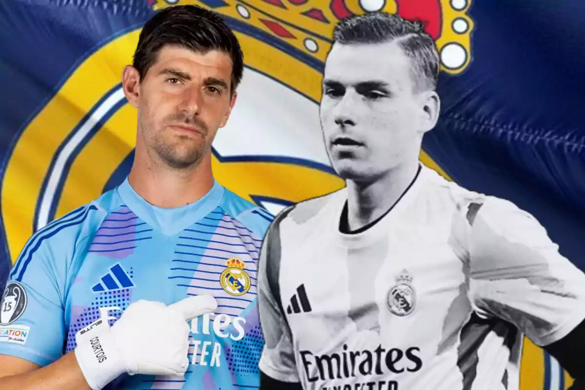 A player in a Real Madrid uniform next to a black and white image of another player, with the team's crest in the background.