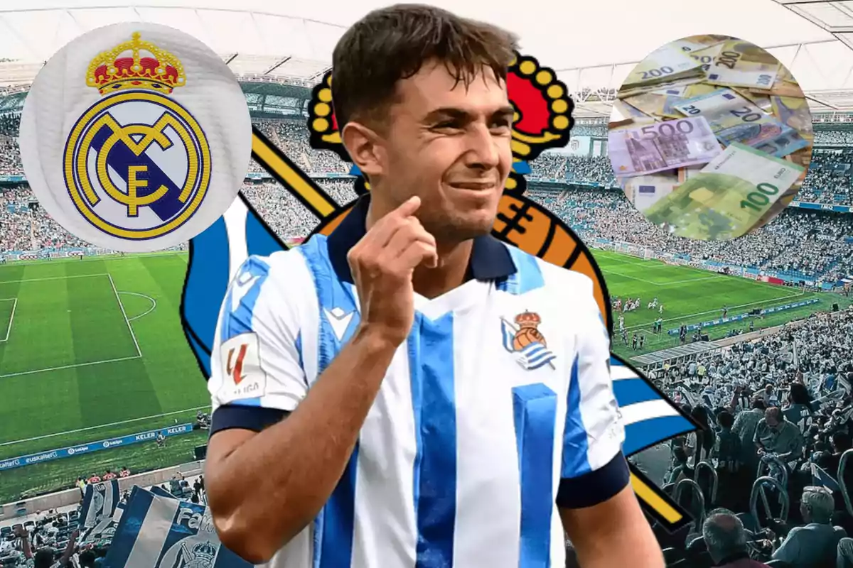 A player wearing the Real Sociedad jersey is in a stadium full of spectators, with the Real Madrid crest and an image of euro bills in the background.