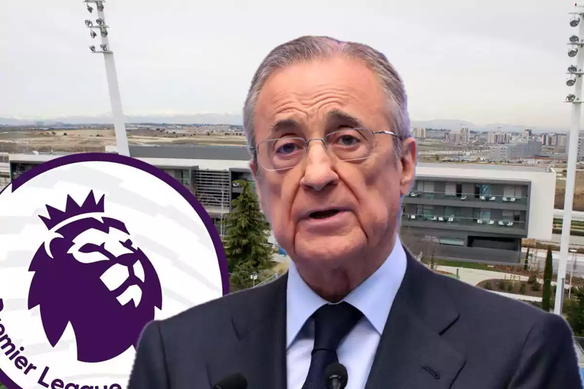 Un hombre de traje frente a un edificio moderno y el logo de la Premier League.