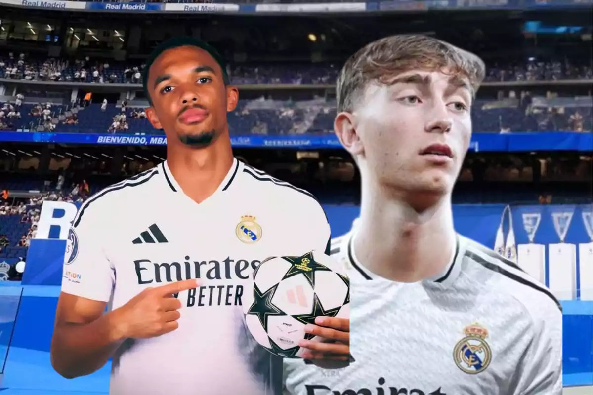 Two players in Real Madrid uniforms pose in a stadium; one of them is holding a Champions League ball.