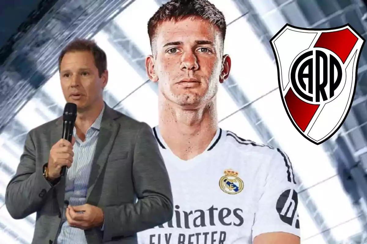 A man with a microphone, a player wearing a Real Madrid jersey, and the River Plate crest in the background