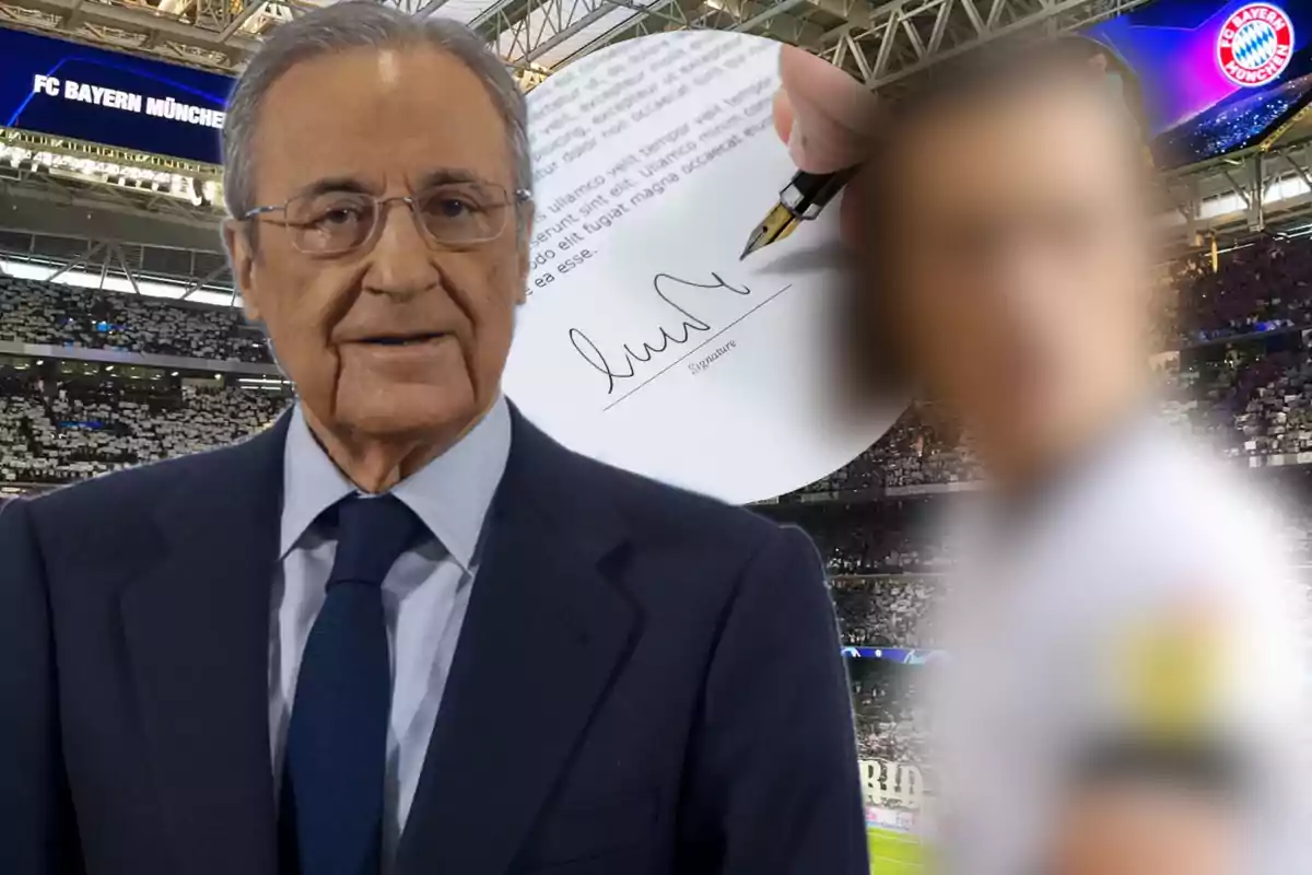 A man in a suit and tie is in a soccer stadium, with a signed document and a blurred player in the background.