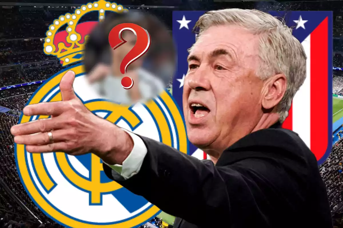 Un entrenador de fútbol gesticula frente a los escudos del Real Madrid y el Atlético de Madrid, con un jugador desenfocado y un signo de interrogación en el centro.