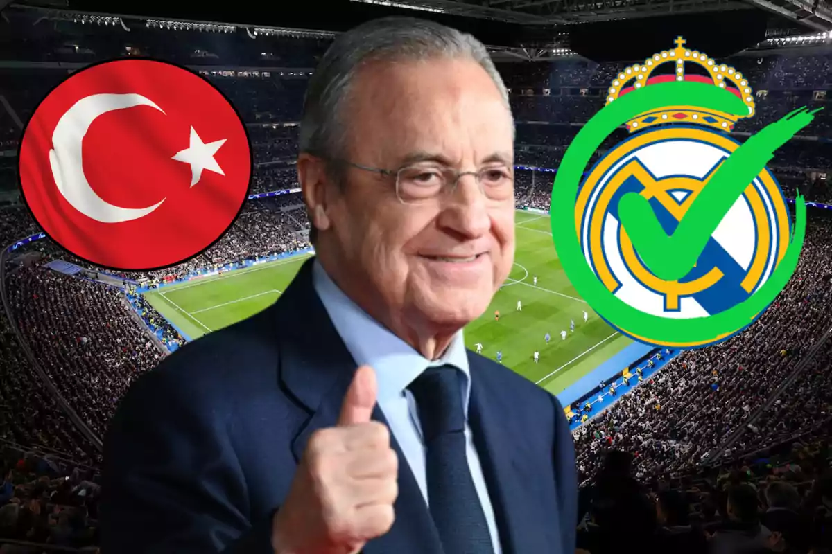 A smiling man with glasses and a suit gives a thumbs-up gesture, while in the background, a soccer stadium full of spectators is visible, along with the emblems of the Turkish flag and a soccer crest with a green checkmark symbol.