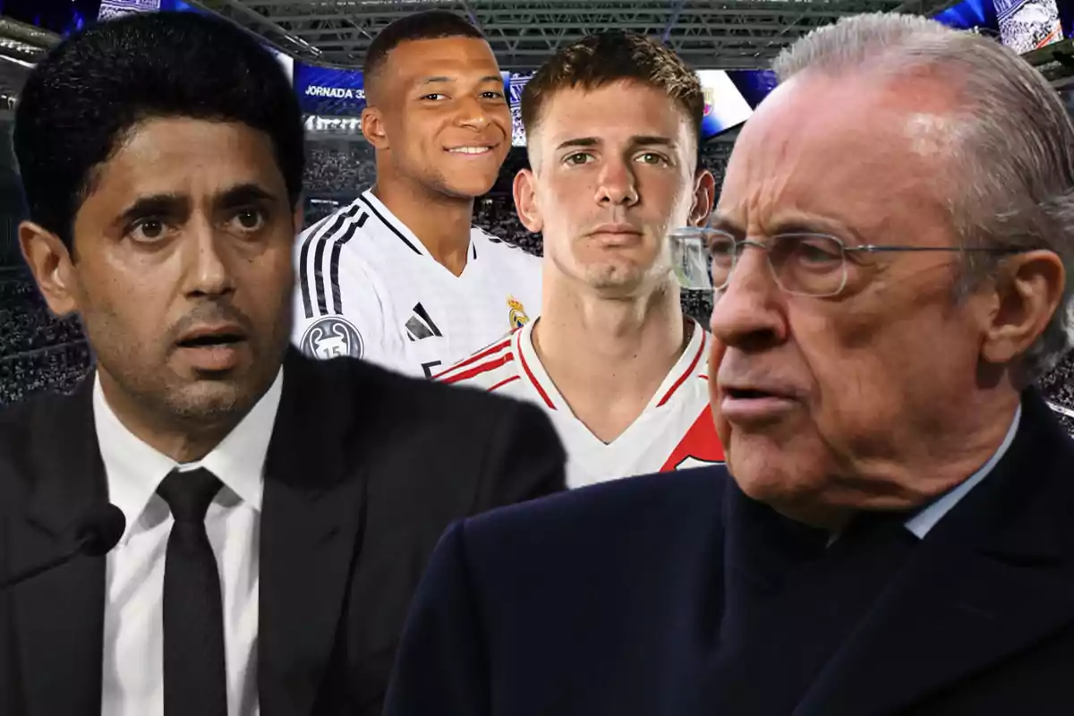 Four men related to soccer appear in a stadium, two of them wearing suits and the other two wearing sports uniforms.