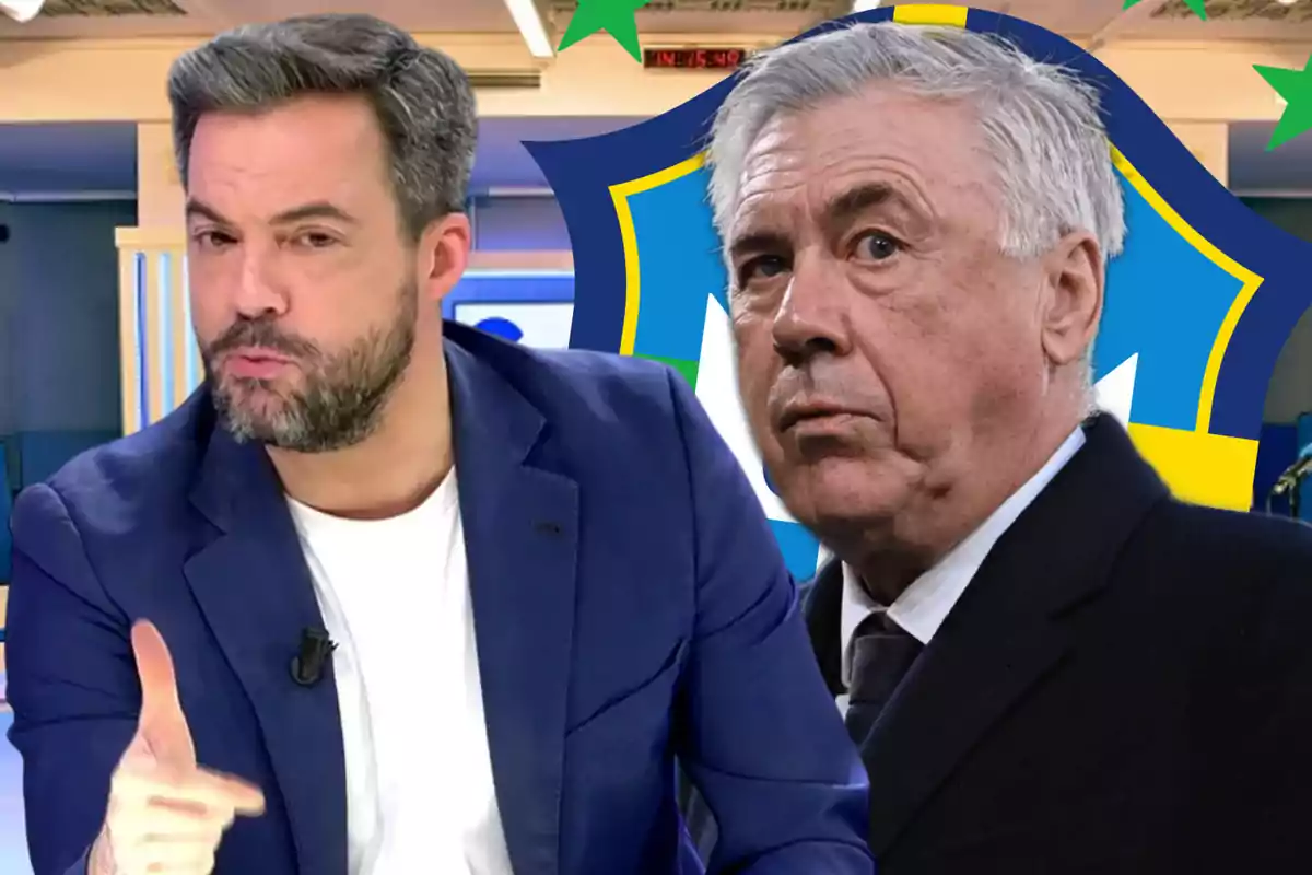 A bearded man in a blue jacket gestures while an older man with gray hair appears in the background next to a soccer emblem.