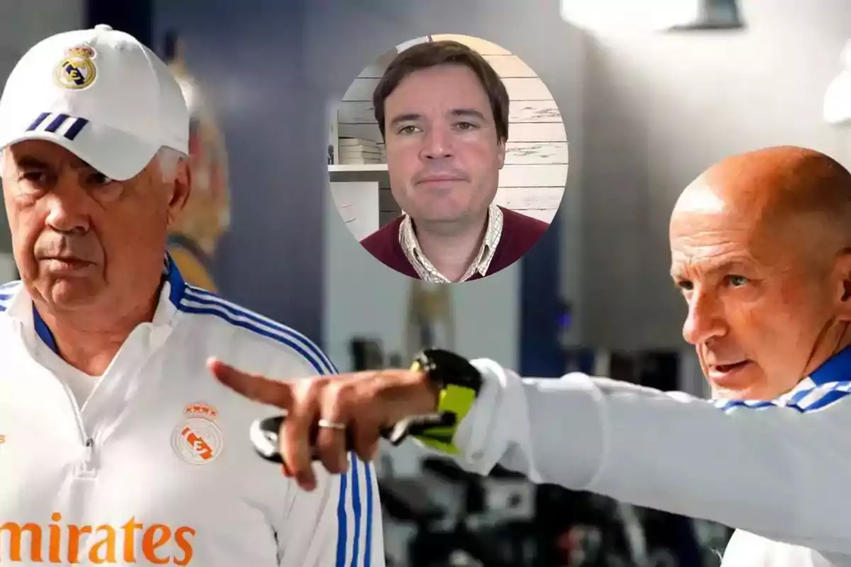 Dos hombres con ropa deportiva del Real Madrid, uno de ellos señalando, y un retrato de un hombre en un círculo superpuesto.