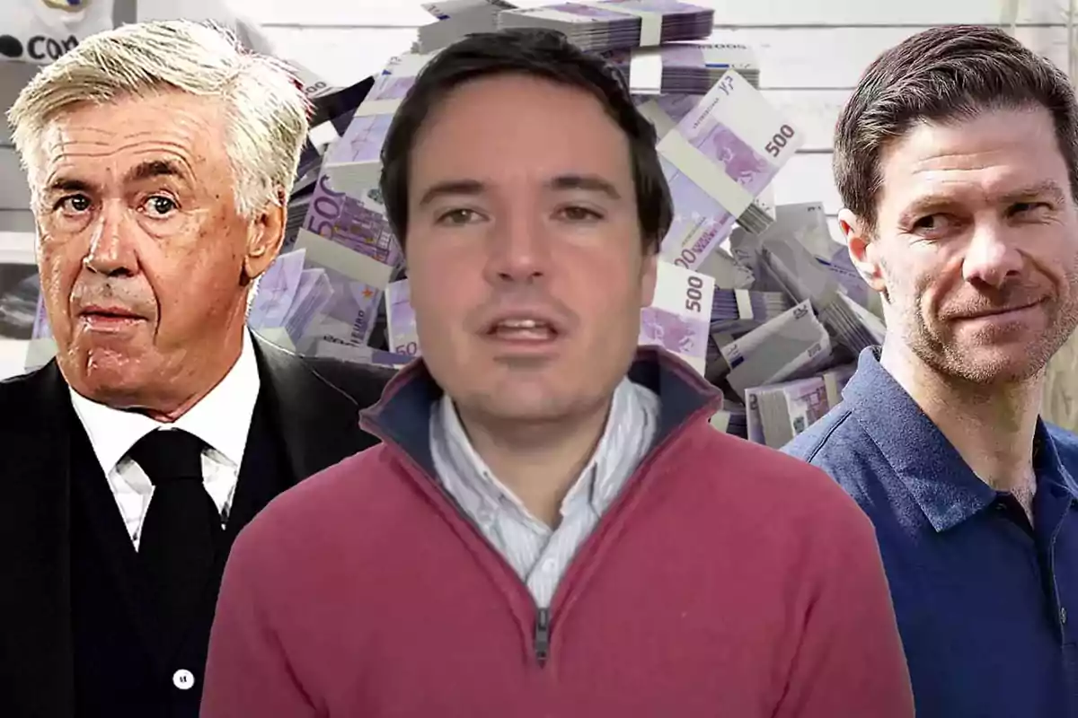 Three men in the foreground with a background of 500 euro bills.