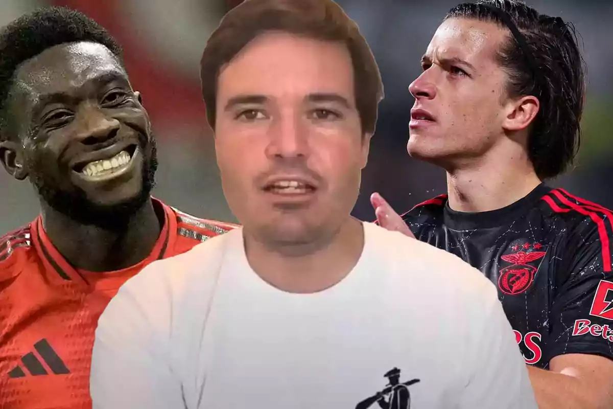 Three people appear in the image, two of them are wearing soccer jerseys, and the person in the center is wearing a white t-jersey.