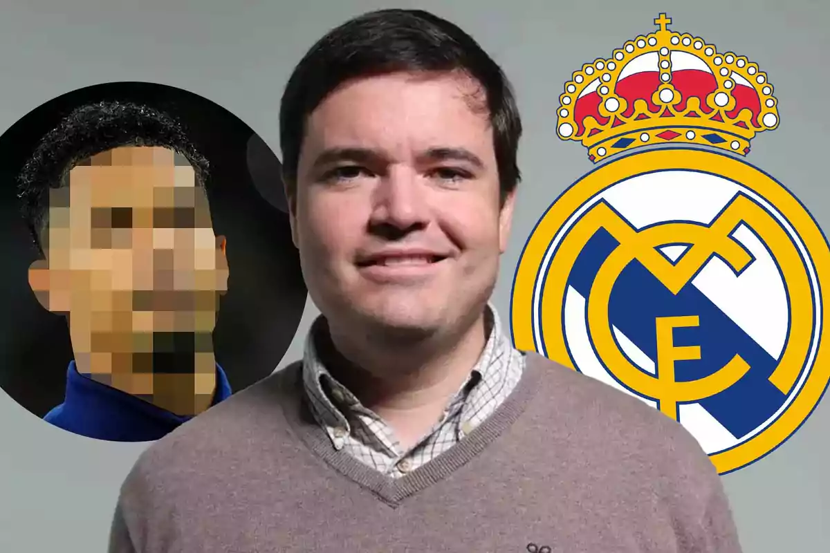 A smiling man with a background that includes a Real Madrid logo and a pixelated image of another person.