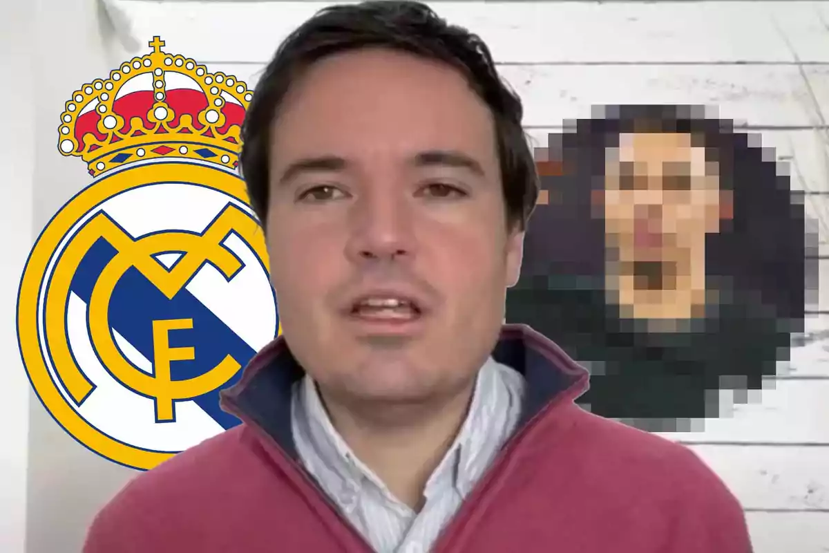 Un hombre con un suéter rosa frente a un logotipo del Real Madrid y una imagen pixelada en el fondo.