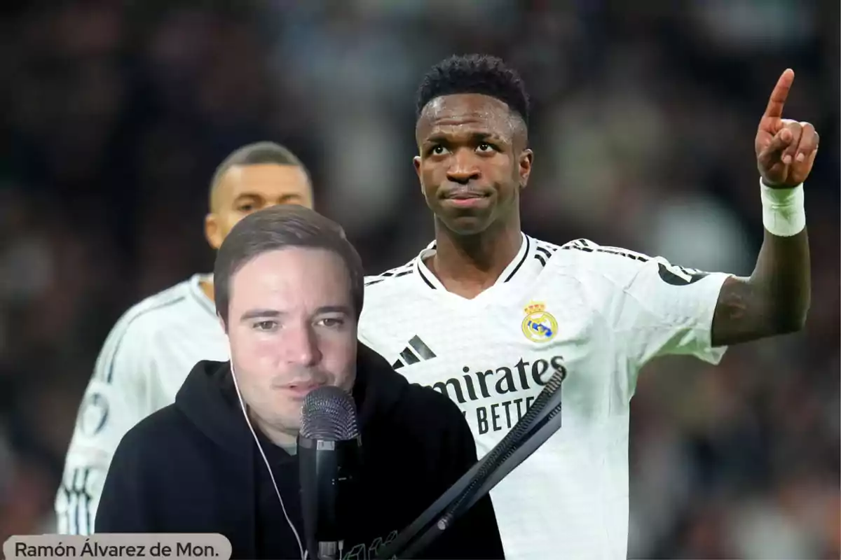 A man with a microphone in the foreground and a Real Madrid football player in the background.