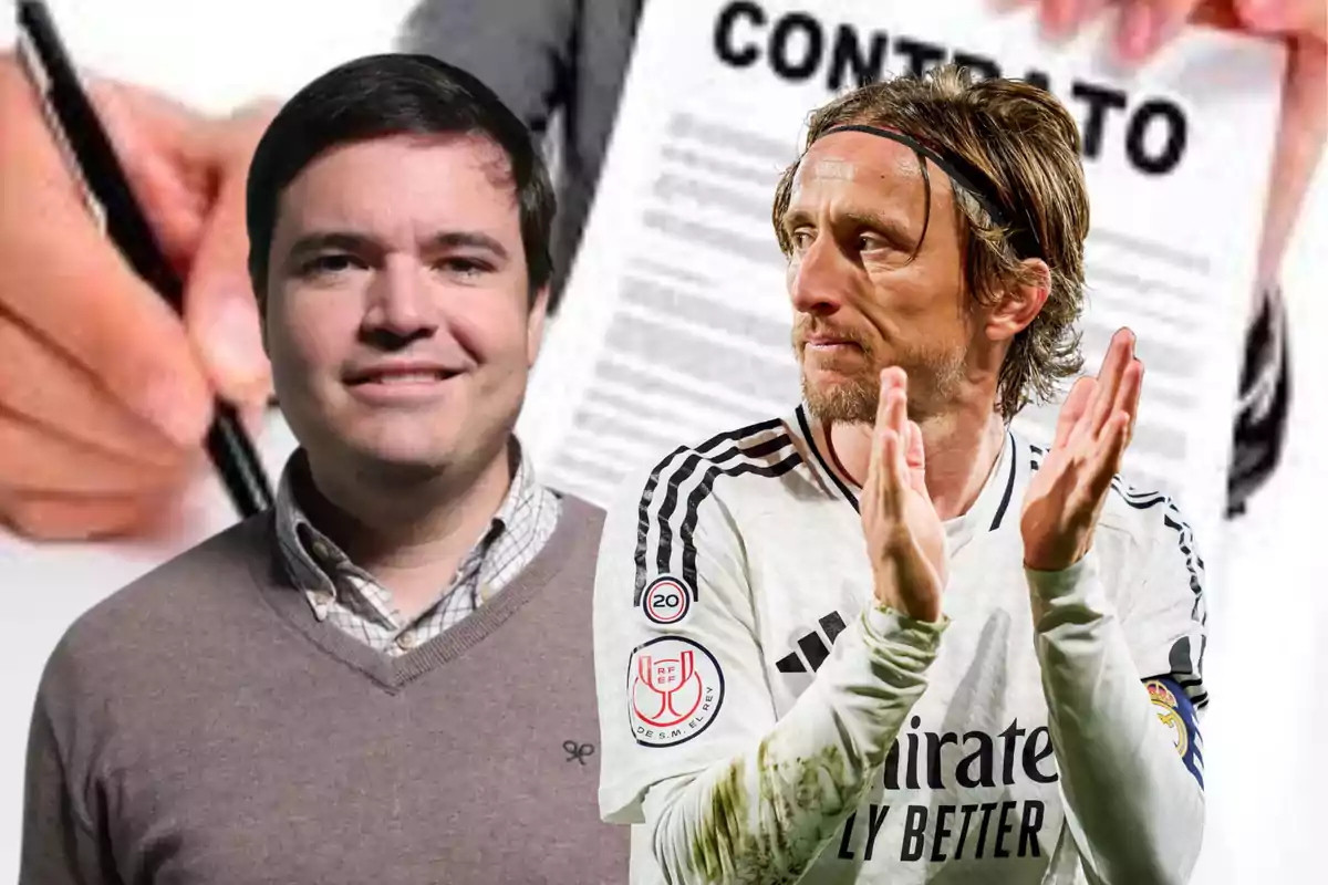 A smiling man and a clapping player are superimposed on an image of a contract being signed.