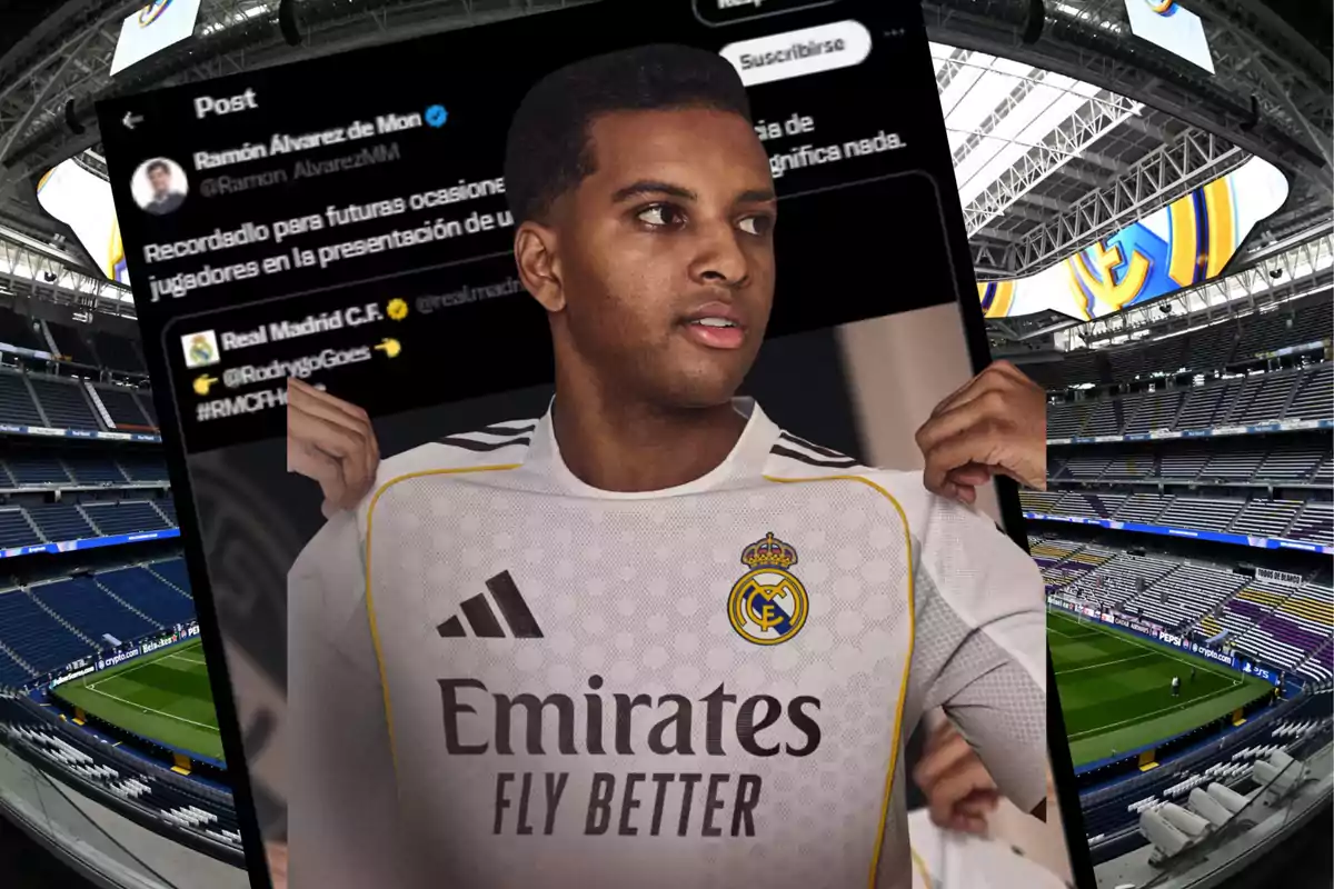 A player wearing a Real Madrid jersey appears in the foreground, while in the background a tweet and the interior of Santiago Bernabéu stadium can be seen.