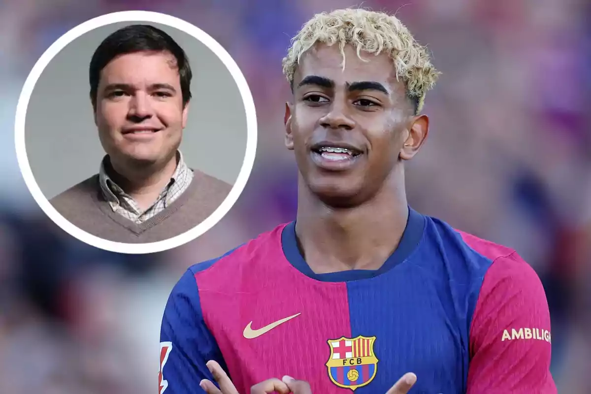 Un joven futbolista con el uniforme del FC Barcelona sonríe mientras en la esquina superior izquierda aparece el retrato de un hombre con suéter marrón y camisa clara dentro de un círculo blanco.