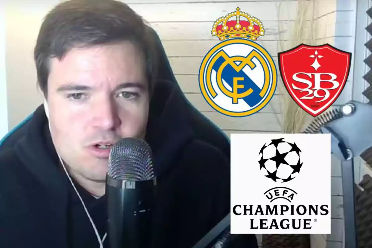 Un hombre hablando frente a un micrófono con los logotipos del Real Madrid, Stade Brestois 29 y la UEFA Champions League en el fondo.