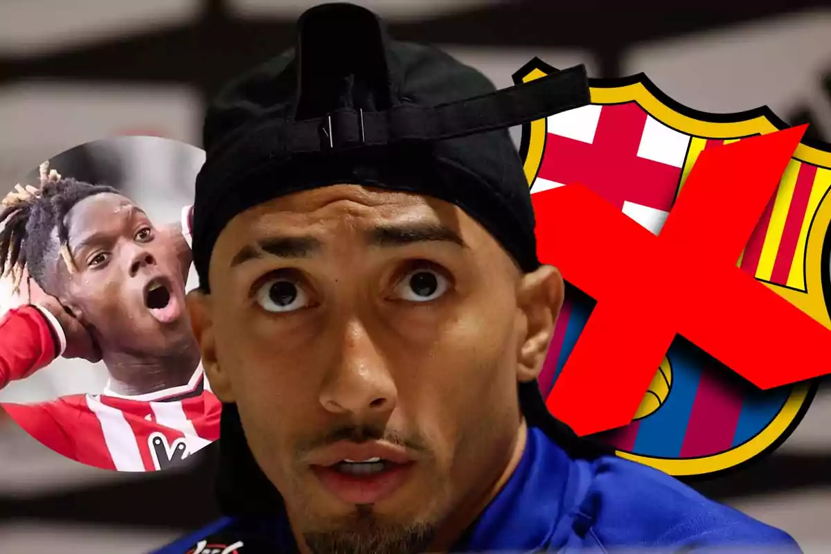 A man in a black cap looks up as a soccer team crest is crossed out with a red X and another player can be seen in the background with a surprised expression.