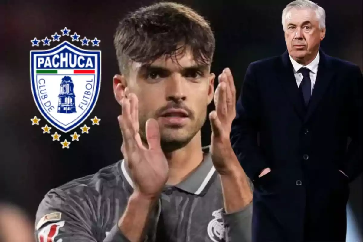 A soccer player applauding with the Pachuca Football Club crest and a man in a suit in the background.