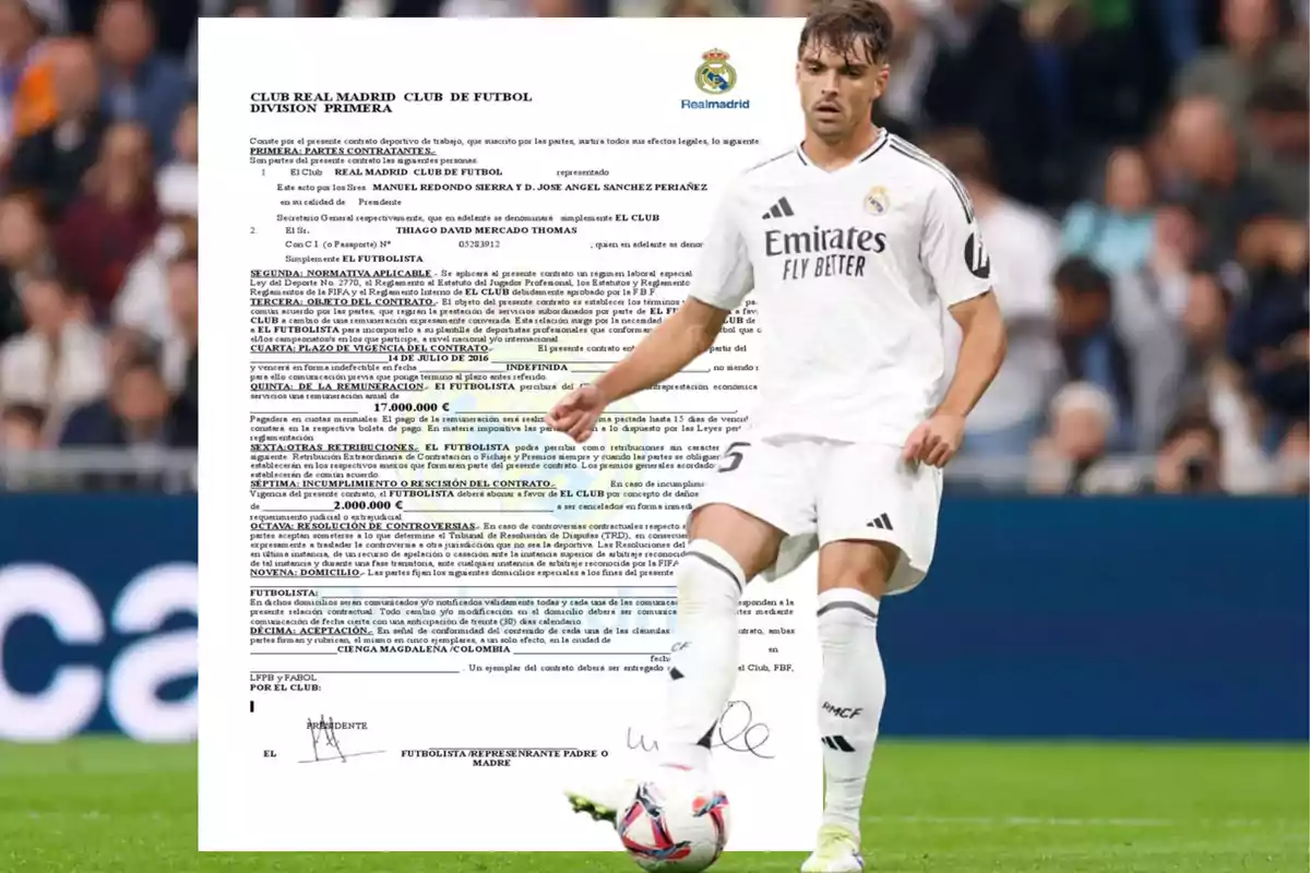 Un jugador del Real Madrid con uniforme blanco aparece en el campo de juego, mientras que en el fondo se observa un documento oficial del club.