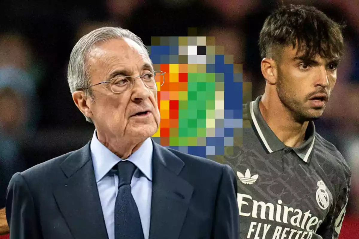 An older man in a suit and tie stands next to a young man in a Real Madrid sports uniform in front of a blurred and colorful background.