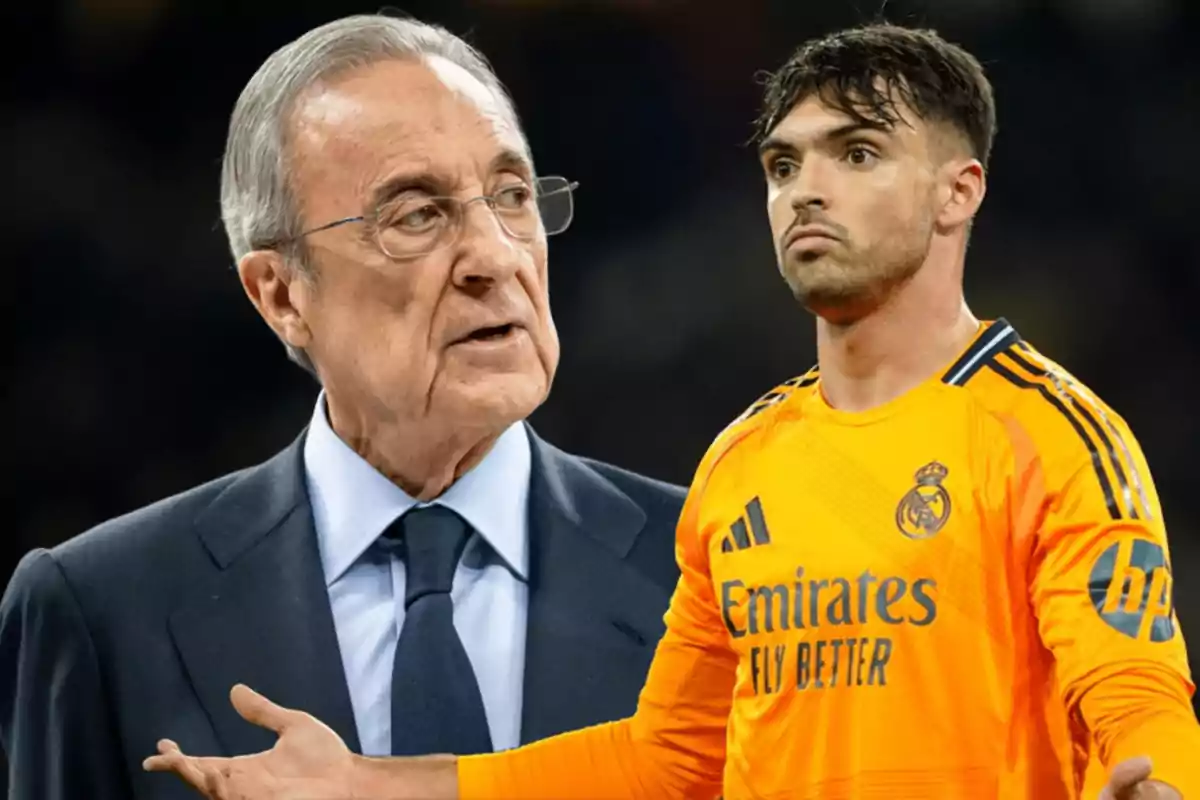 An older man in a suit and glasses next to a player in an orange Real Madrid uniform.