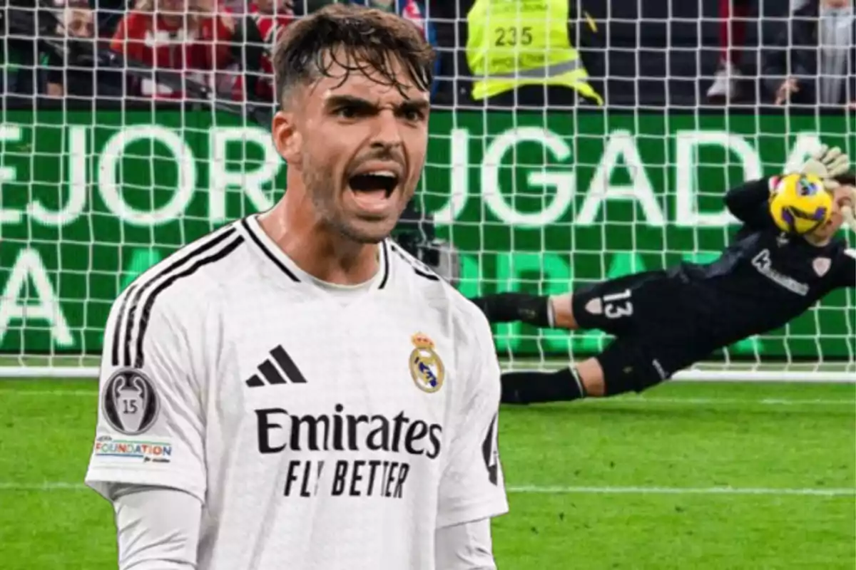 A Real Madrid soccer player celebrates on the field as a goalkeeper tries to stop a ball in the background.