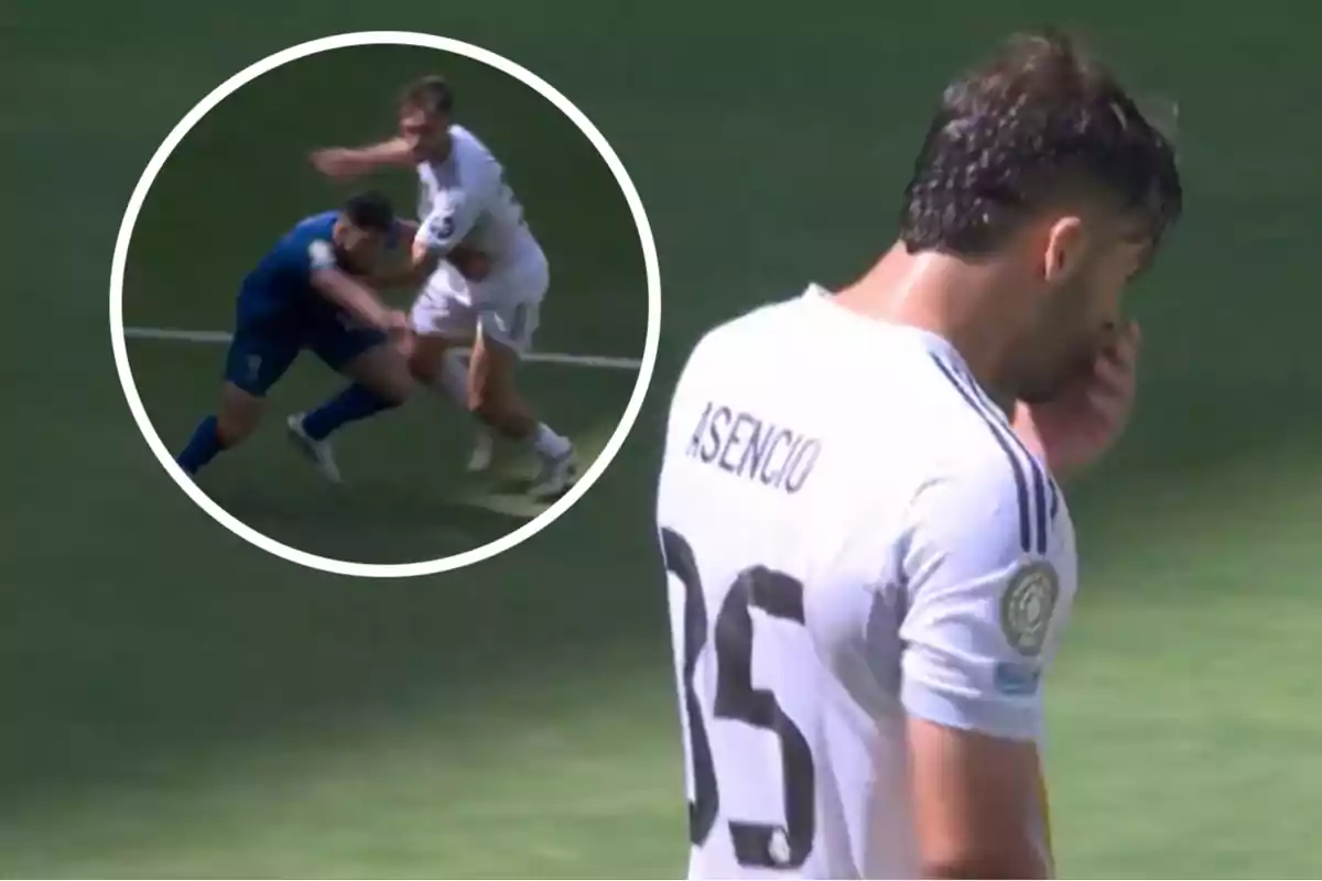 Jugador de fútbol con la camiseta de Asensio caminando en el campo mientras se muestra un recuadro con una jugada de contacto físico entre dos jugadores