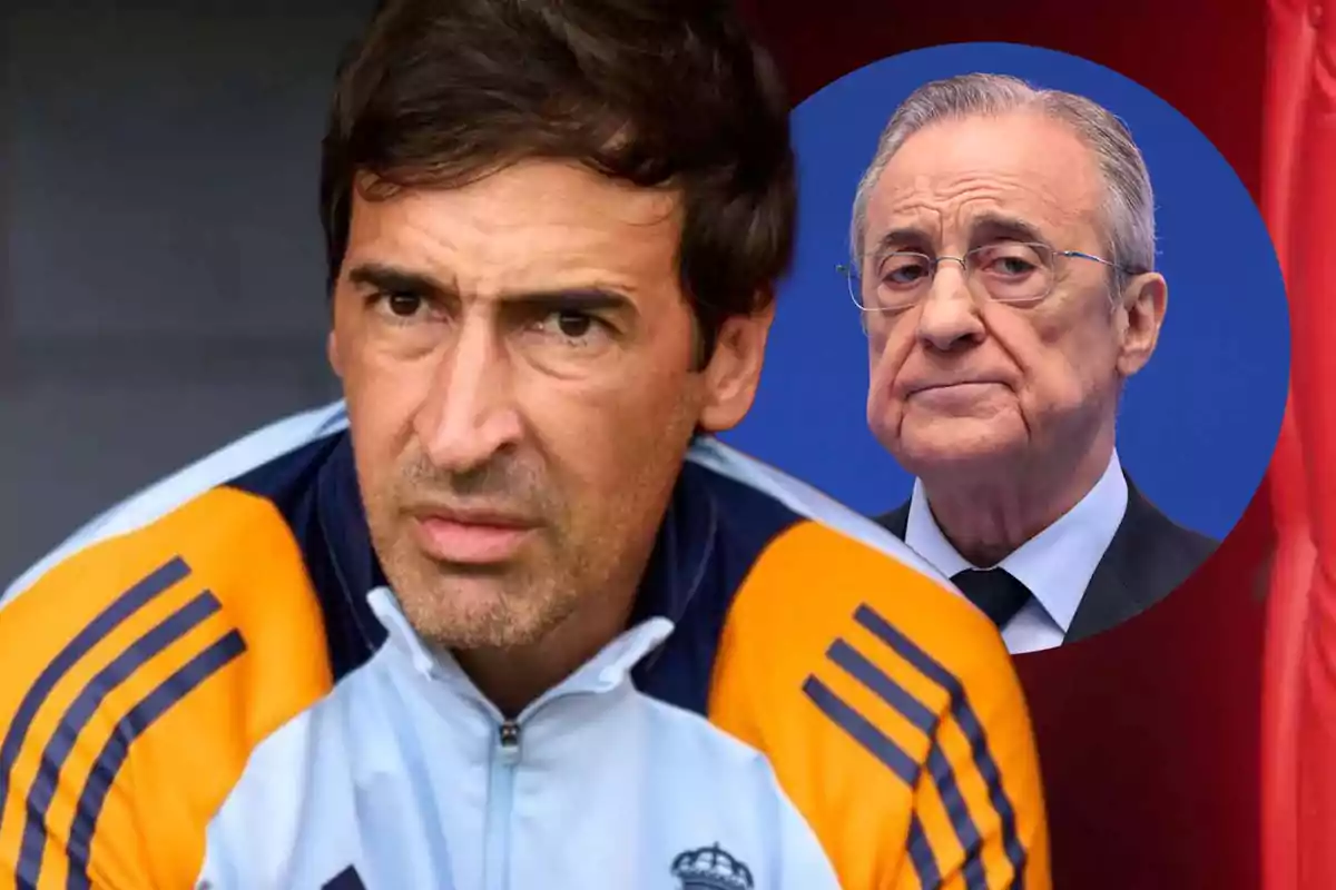 A man in a sports jacket looks ahead with a serious expression while in a circle in the background appears an older man with glasses and a thoughtful expression.