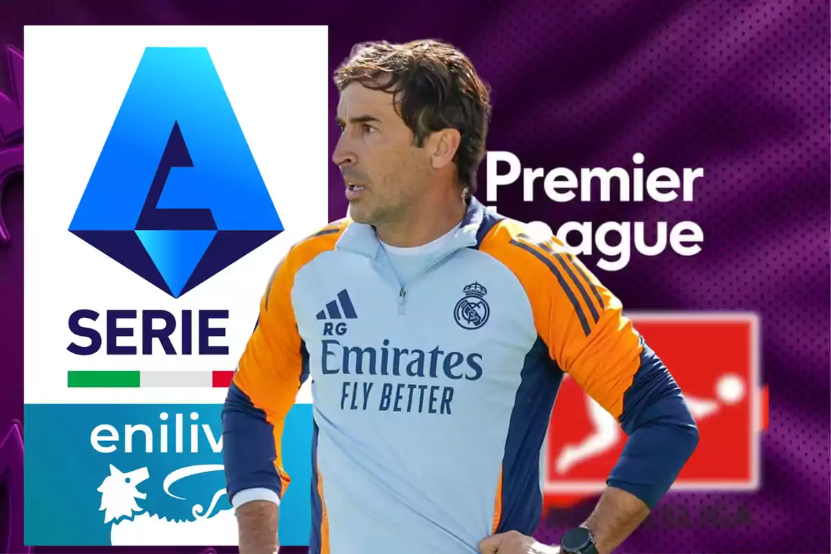 Real Madrid coach with Serie A, Premier League, and Bundesliga logos in the background