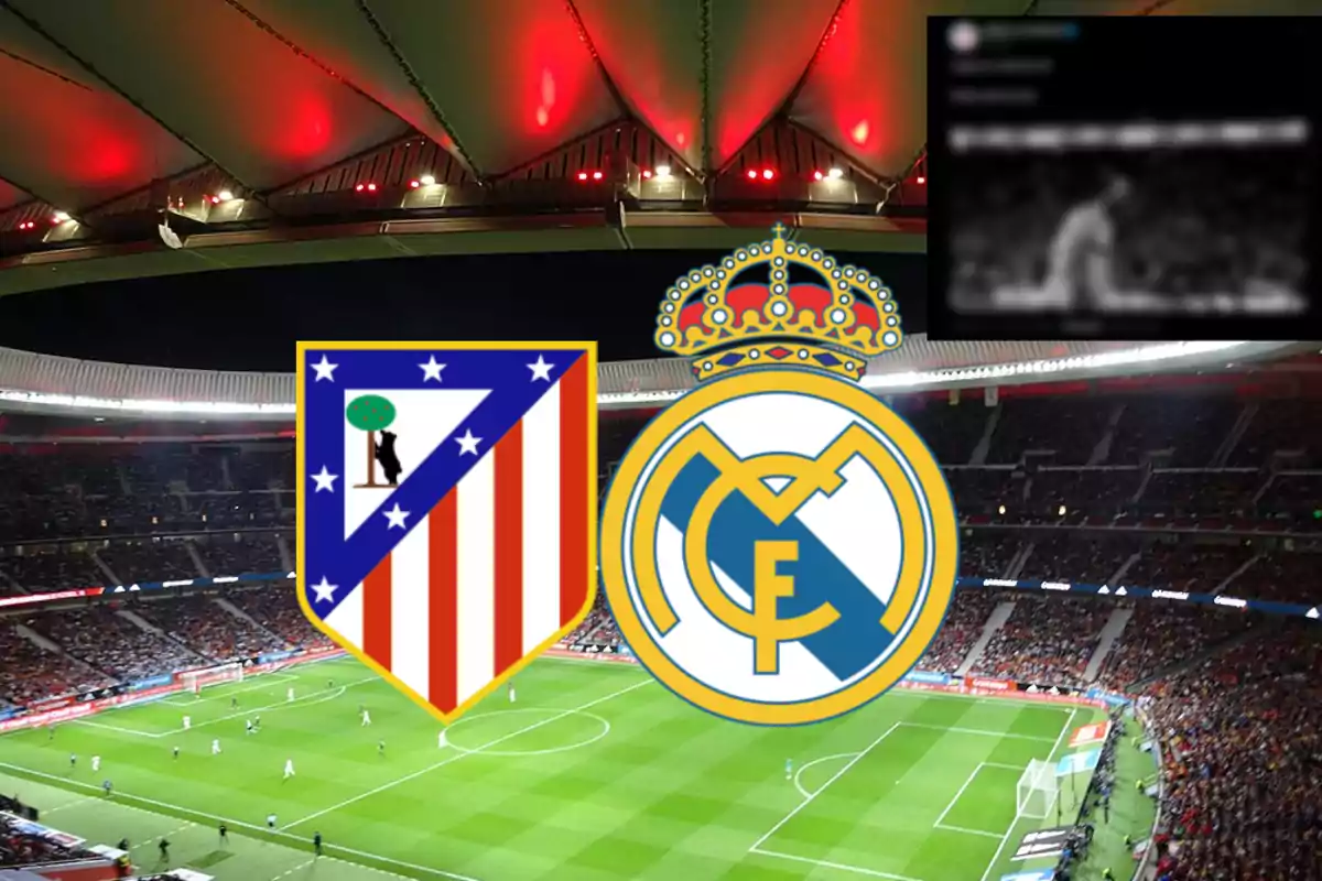 Logos de Atlético de Madrid y Real Madrid superpuestos en un estadio de fútbol iluminado.