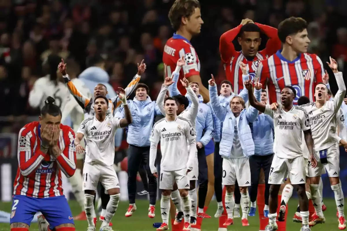 Players from two soccer teams on the field, some celebrating and others showing frustration.