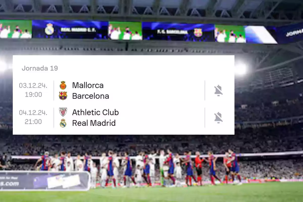 Calendario de la jornada 19 de La Liga con partidos entre Mallorca y Barcelona el 3 de diciembre de 2024 a las 19:00 y Athletic Club contra Real Madrid el 4 de diciembre de 2024 a las 21:00 en un estadio lleno de espectadores.