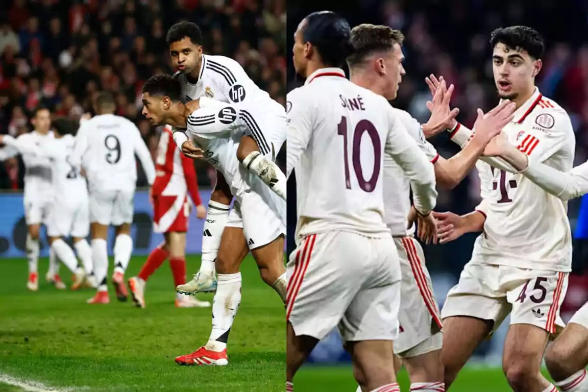 Soccer players celebrating on the field during a match, wearing white uniforms.