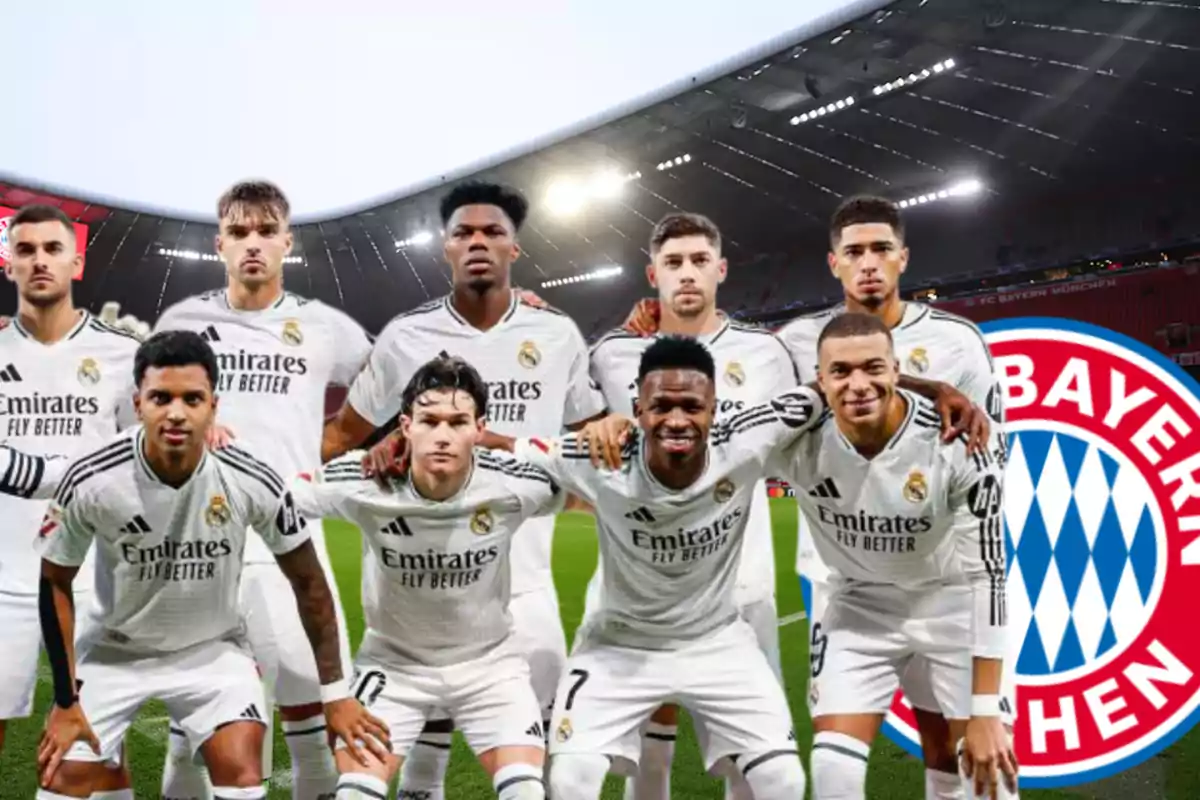 Real Madrid players posing in a stadium with the Bayern Munich logo in the background.