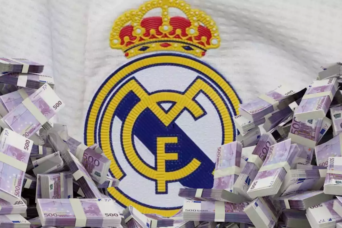 Badge of a soccer team with stacks of 500 euro bills in the foreground.
