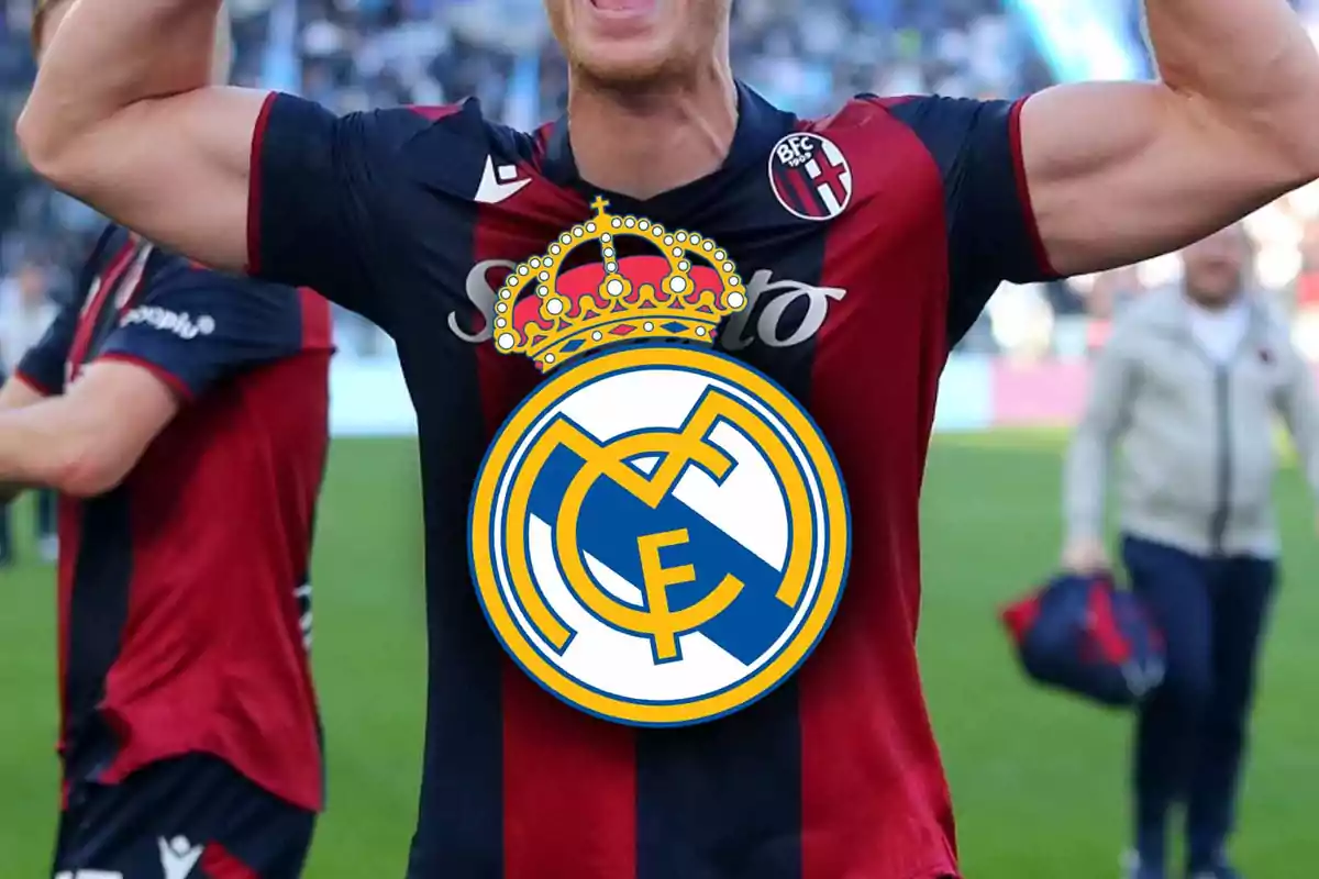 A soccer player in a red and black striped jersey celebrates with his arms raised as the Real Madrid crest is superimposed on his chest.