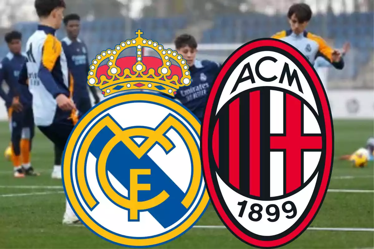 Real Madrid and AC Milan logos superimposed on an image of football players on the field.