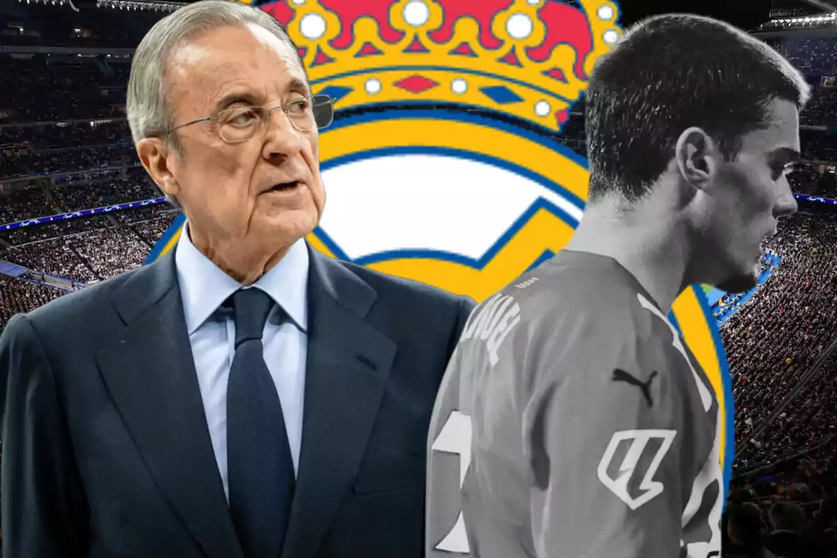 An older man in a suit and a young man in a sports jersey are superimposed over a stadium background and a soccer team crest.