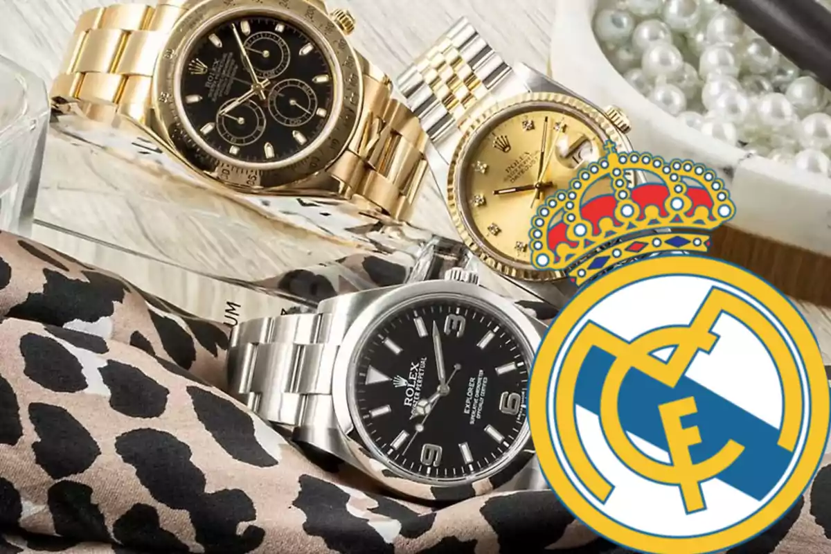 Luxury watches on a surface with an animal print scarf and a soccer team logo.