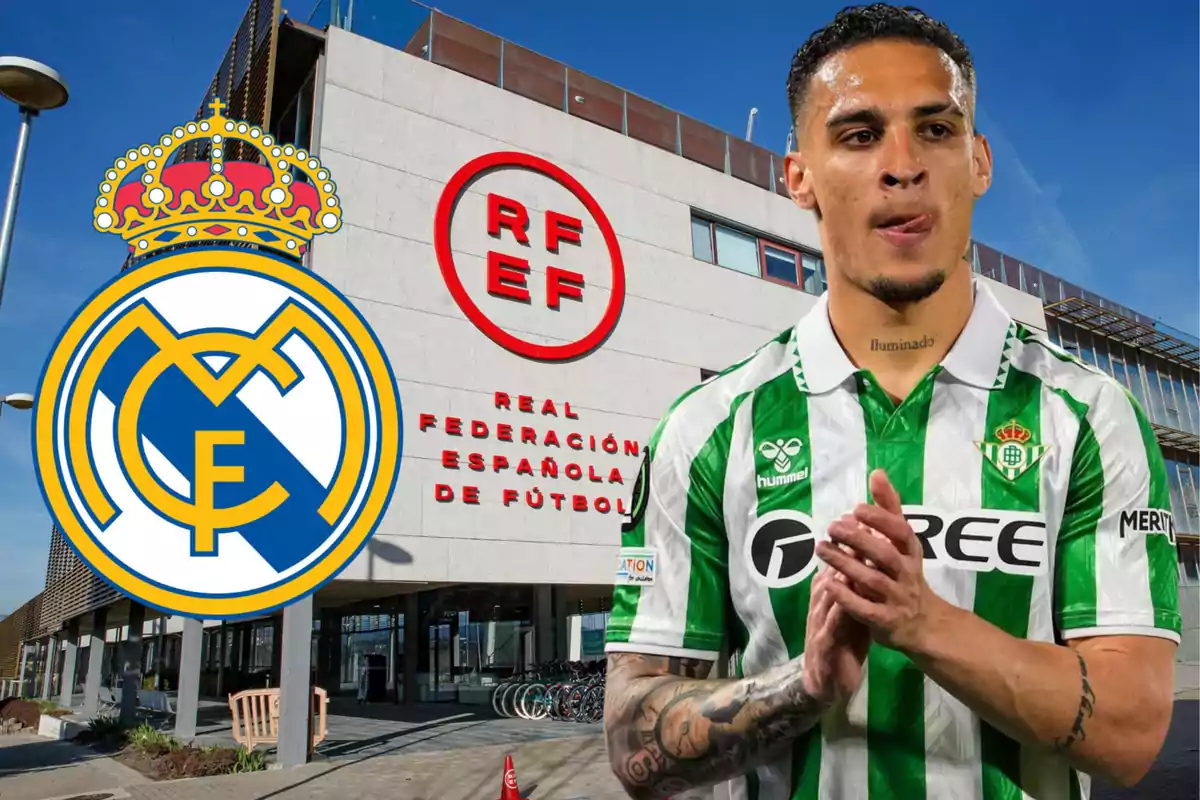 A player wearing the Real Betis jersey in front of a building of the Royal Spanish Football Federation, with the Real Madrid crest superimposed.