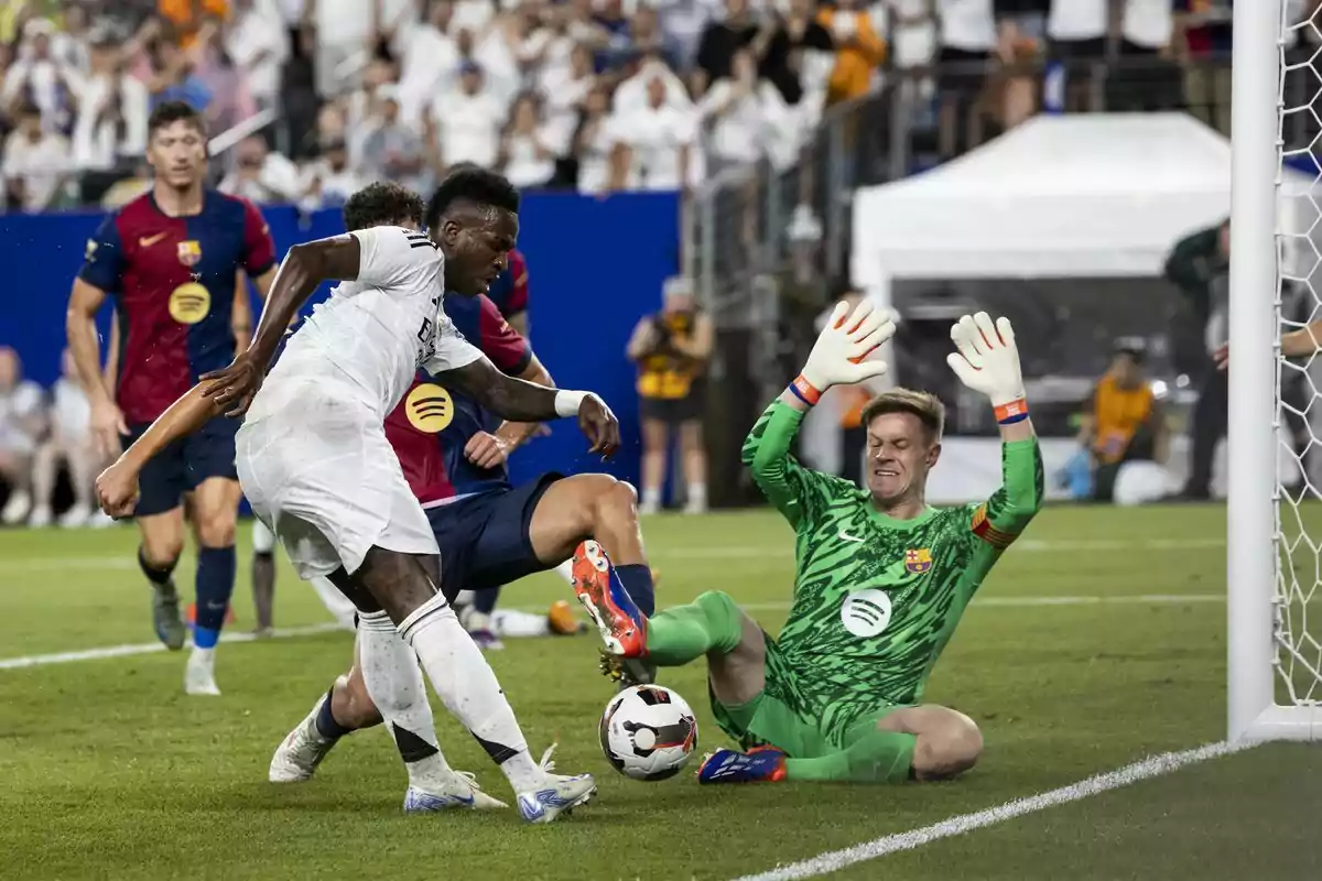 A player in a white uniform attempts to score while the opposing team's goalkeeper, dressed in green, prepares to stop the ball in a match with a crowd in the background. A player in a white uniform attempts to score while the opposing team's goalkeeper, dressed in green, prepares to stop the ball in a match with a crowd in the background.